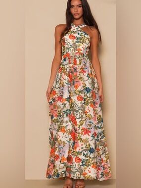 Lulu's White Floral Halter Maxi Dress with Multicolor Blooms
